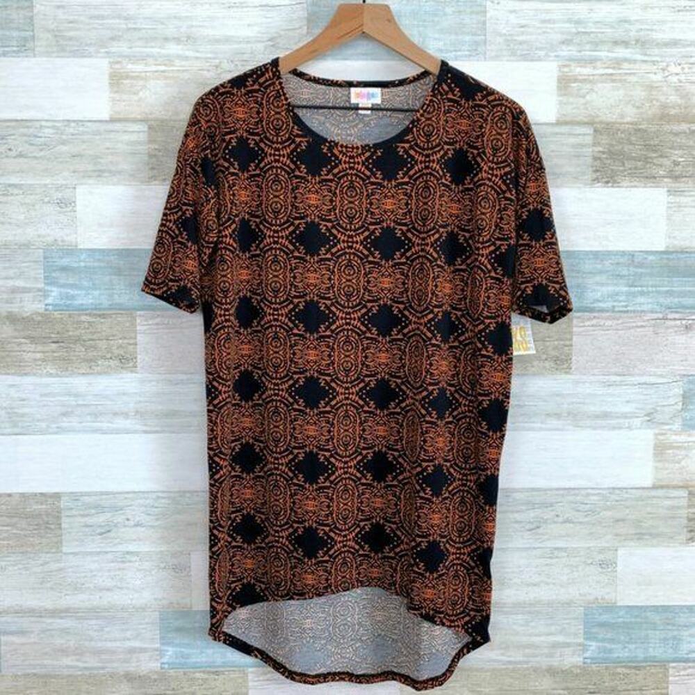 LuLaRoe Irma High Low Tunic Top Black Orange Medallion Print Womens XXS NWT